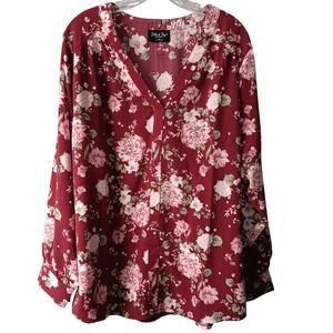 Jolie & Joy Tunic Top Women's 2X Burgundy Floral Long Sleeve V-Neck